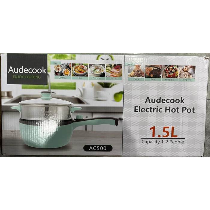 Електрична гаряча каструля Audecook з пароваркою, електрична сковорода, каструля для гарячого горщика 20 см, міні-електрична сковорода з антипригарним покриттям, мультиварка з подвійним регулюванням потужності для гуртожитку (A (зелена/1.5 л з пароваркою)