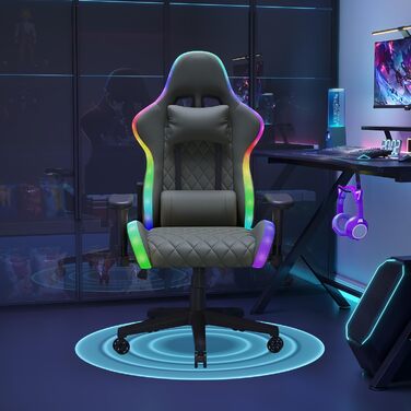 Геймерське крісло, ергономічне офісне крісло з RGB LED-підсвічуванням, масаж поперекового відділу сидіння, регульоване, підголівник, поперекова підтримка, висока спинка, кут нахилу 135, чорний колір