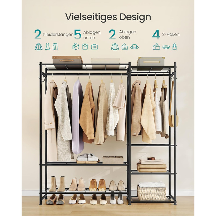 Вішалка для одягу SONGMICS, Відкрита шафа, Вішалка для пальто з 7 полицями, 2 вішалки для одягу, 4 S-подібних гачки, Металевий каркас, для спальні, вітальні, вхідної зони, Чорний LGR010BZ01 124.8W см