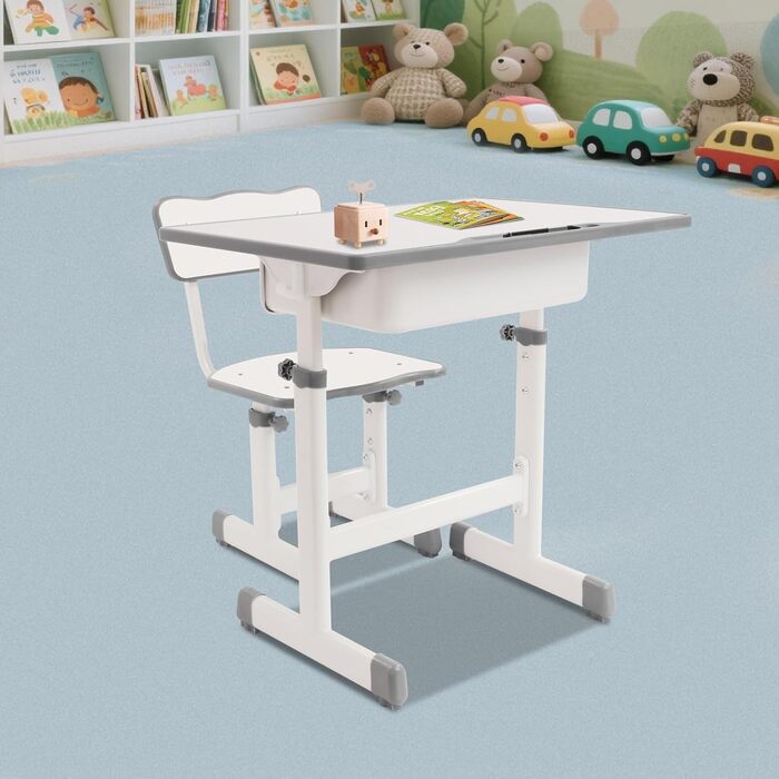 Дитячий письмовий набір, дитячий стіл з регульованою висотою (стіл 64-76 см, стілець 36-42 см), стіл з гачками, шухлядою та лотком для ручок для дітей віком 3-18 років, навчання письму та малюванню (кремово-білий)