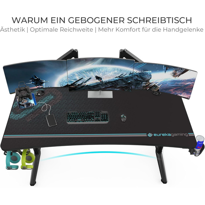 Ігровий стіл EUREKA ERGONOMIC 15270 см, великий комп&39ютерний стіл, ергономічний ігровий стіл для ПК з гачком для навушників, тримач для напоїв для домашнього офісу 152 x 70 см, чорний