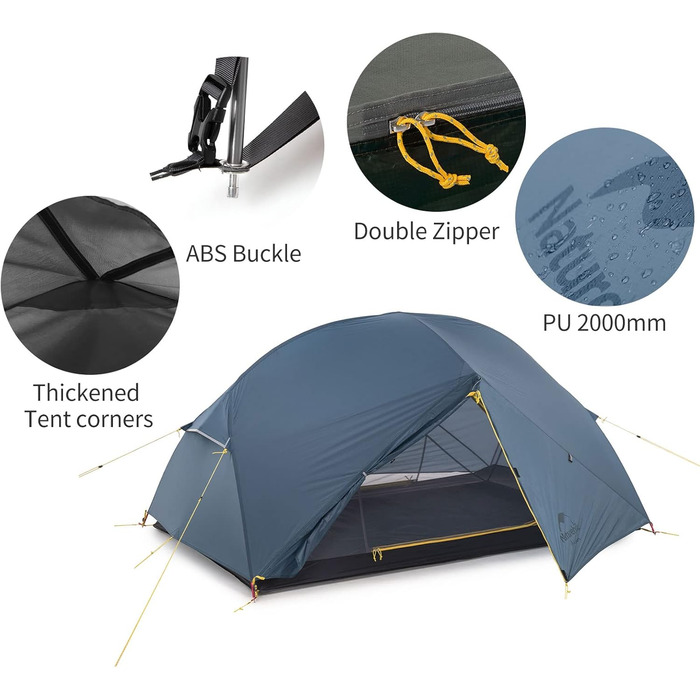 Намет Naturehike Mongar на 2 особи, надлегкий кемпінговий намет, туристичний намет на 2 особи, 4-сезонний намет, нейлон 210T PU3000 мм для кемпінгу, трекінгу, велоспорту, альпінізму, 210T синій