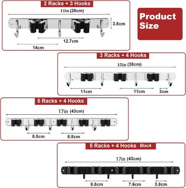 Стіна тримача мітли AceMining, 5 тримачів 4 гачки Чорний важкий тримач інструменту самоклеящей, тримач мітли з встановленням цвяхів, тримач садового інструменту з нержавіючої сталі, мітла для настінного кріплення