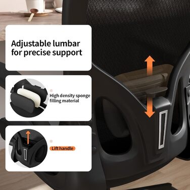 Ергономічне офісне крісло Monhey регульоване офісне крісло з поперековою опорою, підголівником, складними підлокітниками та сітчастою спинкою крісло для домашнього офісу, поворотне, дихаюче 01 Чорний