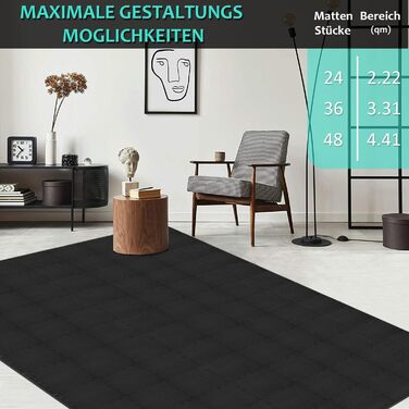 Захисний килимок для підлоги для фітнесу 331 см, килимок-головоломка 24/36/48, спортивний килимок з EVA, нековзний, килимок для підлоги для тренажерного залу та фітнес-обладнання 3,31 кв.м./36 килимків - чорний