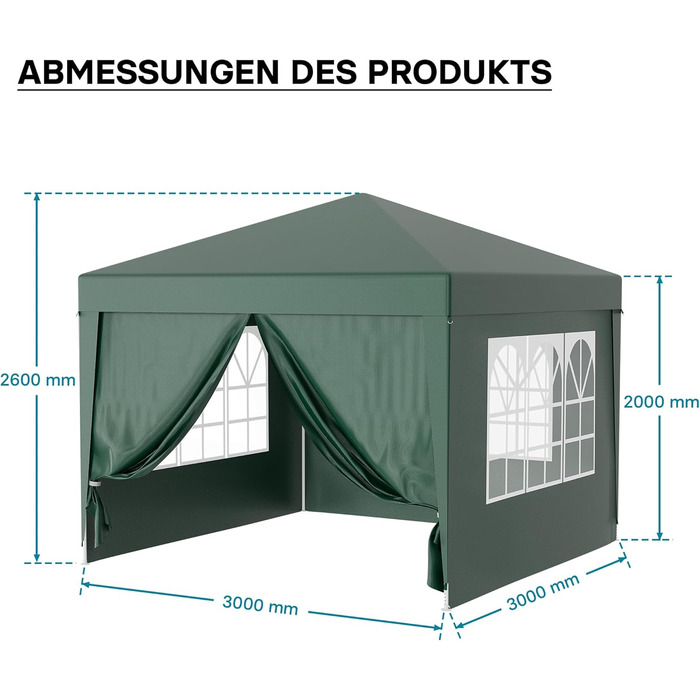 Павільйон Wiltec 3 x 3 м зеленого кольору з УФ-захистом 50, садовий павільйон зі знімними бортами, намет для вечірок з вікнами, наприклад, для тераси та фестивалю