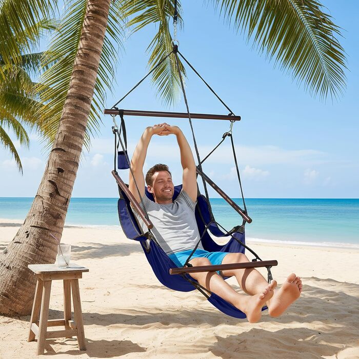 Гамак-надувне крісло з подушкою, тримач для напоїв, масив дерева, водонепроникне, для використання в приміщенні/на вулиці, для двору, саду, дерева, тераси, ганку, 113 кг (темно-синій)