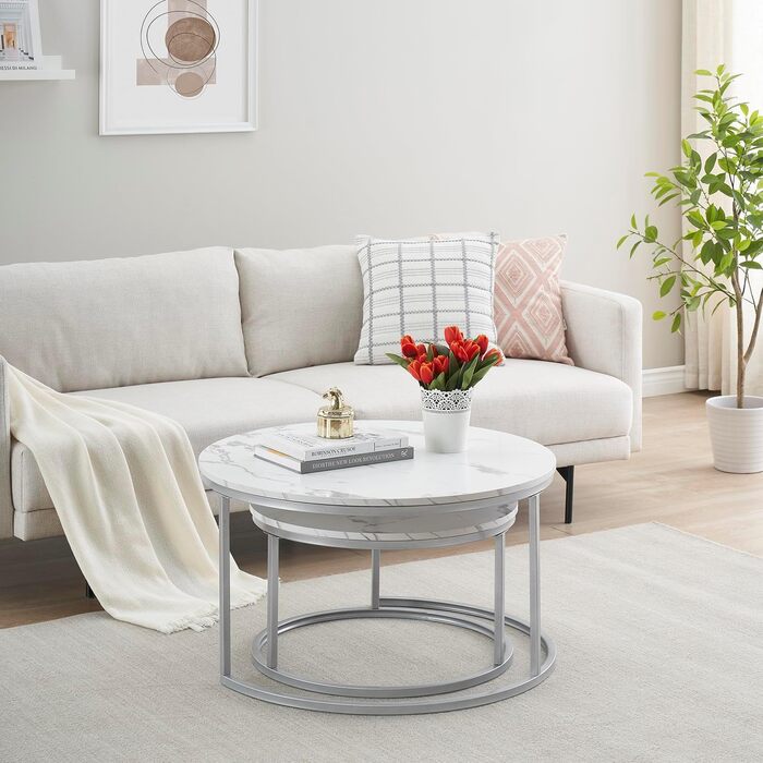 Круглий журнальний столик з мармуру Hitsuki, білий столик для вітальні, комплект із 2 круглих журнальних столиків, срібний бічний столик з металевим каркасом, столик для вітальні, білий мармур та срібний журнальний столик