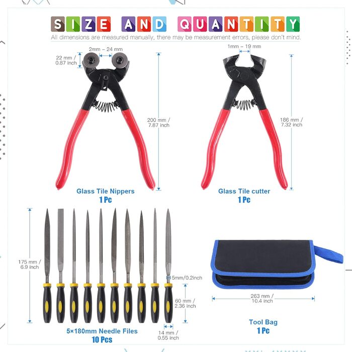 Набір інструментів для мозаїки Glark з 12 предметів, міцні плоскогубці для скляної мозаїки та плоскогубці для різання плитки з 10 високоміцними голчастими напилками для різання та шліфування скла та кераміки