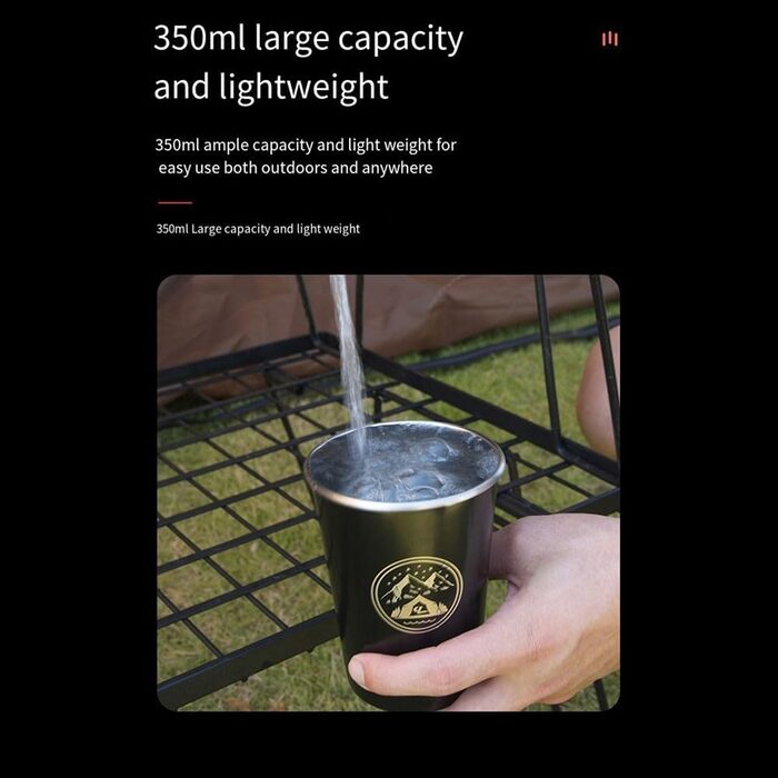 Набір кемпінгових чашок з нержавіючої сталі 304 з шкіряним тримачем, велика місткість 350 мл, 4-елементні штабелювані чашки для подорожей та пікніків