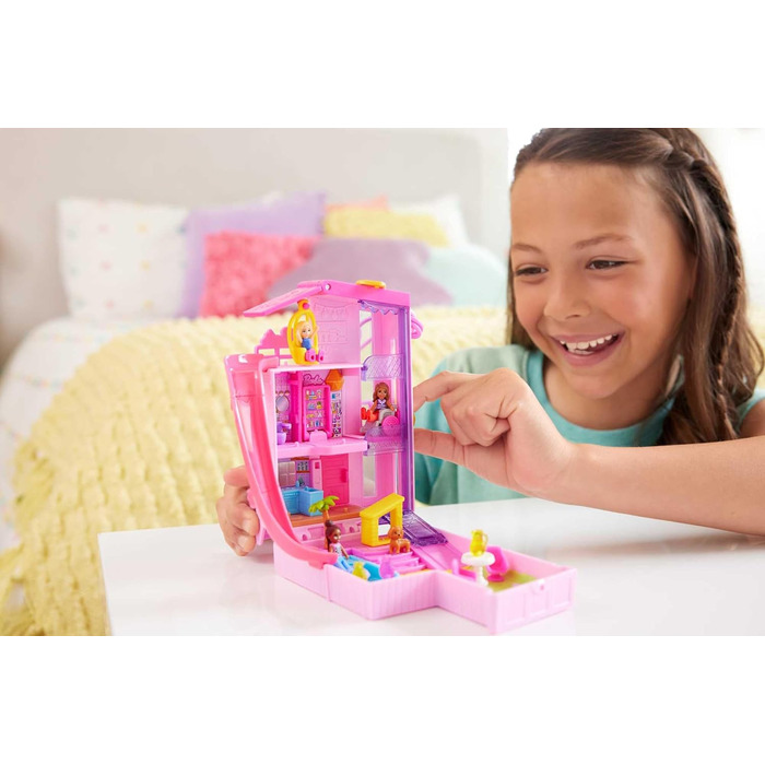 Ігровий набір Polly Pocket Barbie Dreamhouse Box, з 3 мікроляльками, 1 цуценям, 11 аксесуарами, ліфтом та басейном, HWP11
