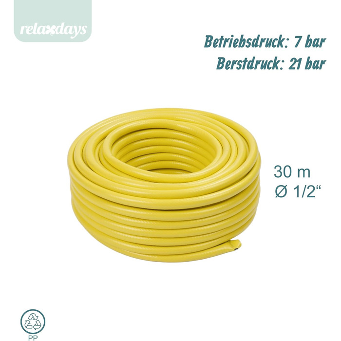 Садовий шланг Relaxdays, різної довжини, універсальний водяний шланг 1/2, стійкий до УФ-випромінювання та погодних умов, шланг для саду, PP, жовтий 30 м