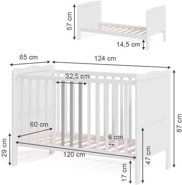 Дитяче ліжечко 60x120 см Tobi - Біле 124x87x65 см з дерева - дитяче ліжко із захистом від падіння, призначене для новонароджених та немовлят, з регульованою по висоті рейковою основою