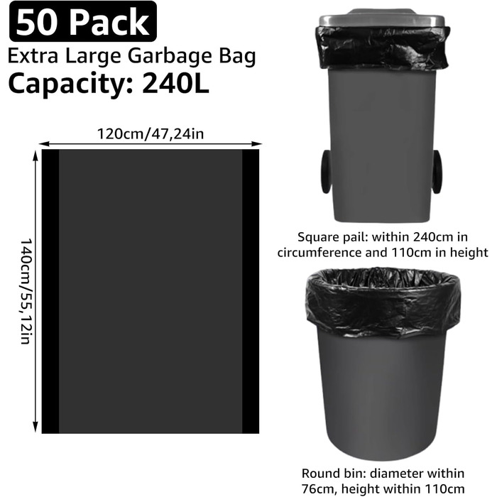 Міцних сміттєвих мішків об&39ємом 240 літрів, 120 x 140 см, сміттєві мішки 240 л, сміттєві мішки, надміцні сміттєві мішки, сміттєві мішки, для побутових відходів та офісного використання - чорні, 50