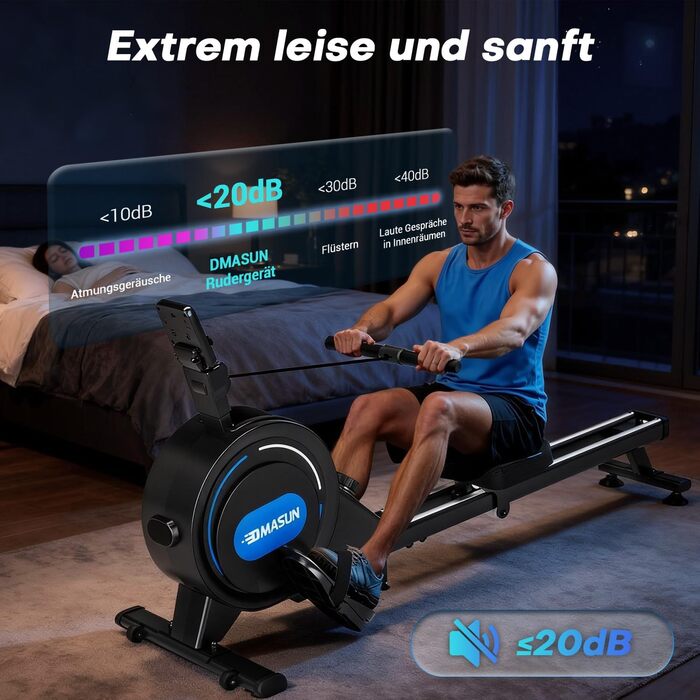 Домашній гребний тренажер DMASUN, новинка 2026 року Магнітний гребний тренажер з оновленими подвійними рейками, ультратихий гребний тренажер, 16/32 рівні опору, РК-дисплей даних, витримує до 160 кг, чорний - 16 рівнів
