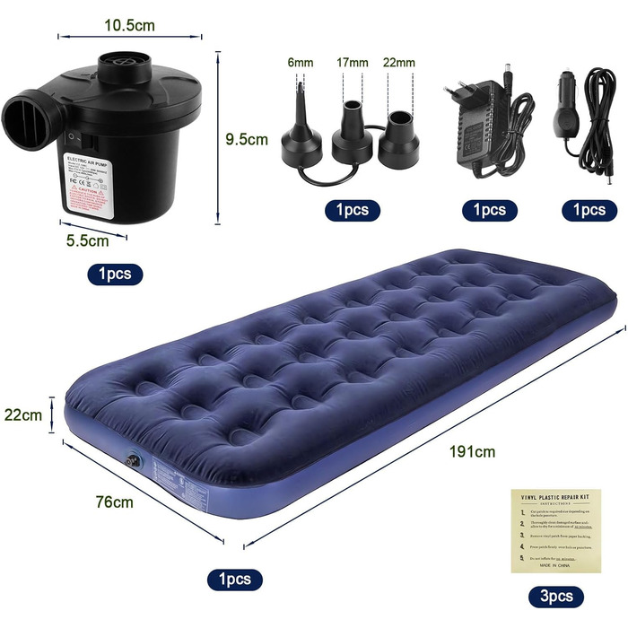 Комплект самонадувних надувних матраців Anesty, кемпінговий надувний матрац для 1 особи з вбудованим повітряним насосом, портативний надувний матрац, ідеально підходить для подорожей, активного відпочинку та гостей