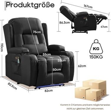 Крісло для телевізора з розкладним підйомником, масажне крісло з електрорегулюванням, функцією відкидання та підставкою для ніг, крісло для телевізора зі штучної шкіри з функцією підігріву, крісло для кінотеатру зі світлодіодним підсвічуванням/USB для віт