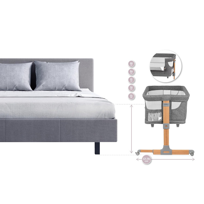 Дитяче ліжечко Momi SMART Bed 4-в-1 до 15 кг, приліжкове ліжечко для немовлят з матрацом, регульована висота, сірого кольору, одномісне