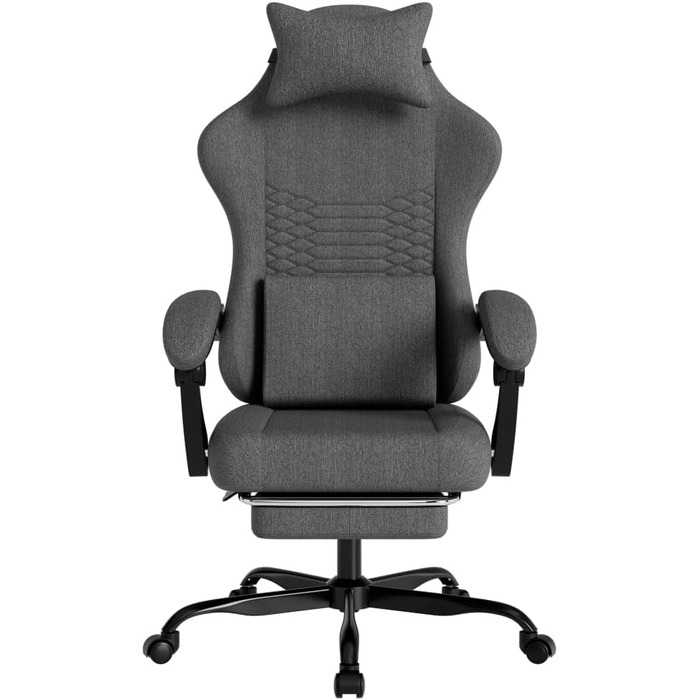 Ергономічне ігрове крісло з масажем, підголівником та регульованою підставкою для ніг - тканинний чохол, темно-сірий, регульовані підлокітники, витримує до 136 кг