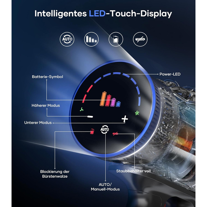 Акумуляторний пилосос MIBODE, 45000 Па/550 Вт/65 хв, акумуляторний пилосос з розумним дисплеєм, автоматичним режимом та щіткою про