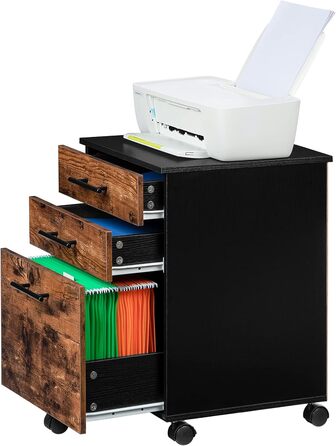 Шафа для файлів HOOBRO на колесах, шафа для документів на колесах з 3 шухлядами, мобільна офісна шафа з підвісними відділеннями для файлів, офісна, темно-коричневий та чорний EBF02WJ01G1 темно-коричневий, чорний