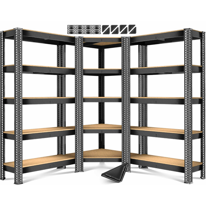 Комплект металевих стелажів MASKO з 3 предметів 1 кутова полиця та 2 стелажі, по 15 полиць кожен Полиця з МДФ панелей, вантажопідйомність 2625 кг, полиця для майстерні, полиця для підвалу, полиця для гаража, надміцні стелажі, стелаж без болтів, чорний