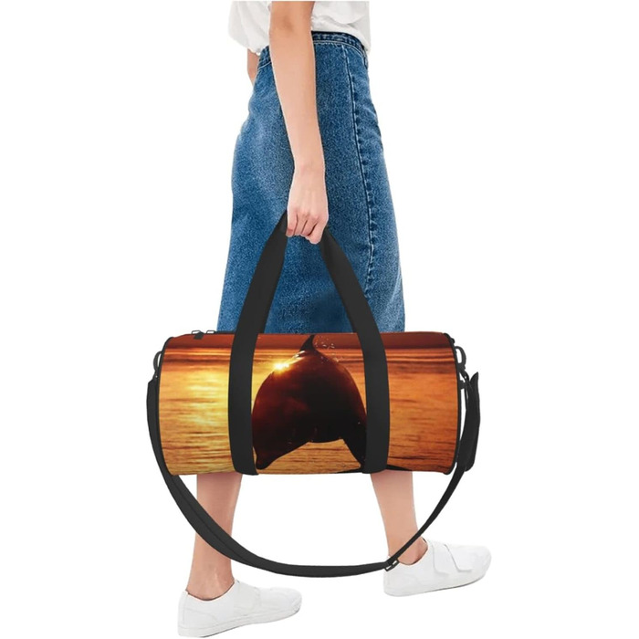 Спортивна сумка для подорожей, Захід сонця, з красивим малюнком дельфіна, дорожня сумка на ніч, чорна, універсальний розмір