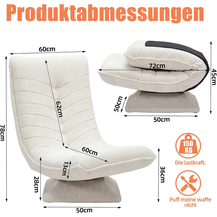 Крісло для вітальні з регульованою спинкою, поворот на 360, зручне вельветове підлогове крісло, не потребує складання, розкладний ігровий підлоговий диван, вантажопідйомність 150 кг, крісло-реклайнер, крісло для читання, бежевий