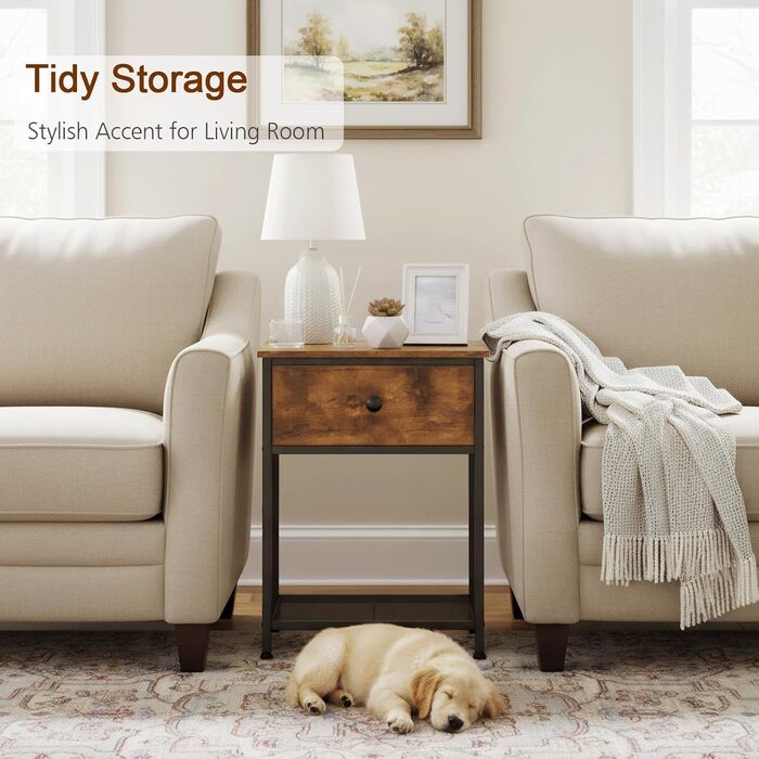 Набір з 2 тумбочек, Бічний столик з тканинними шухлядами, Тумбочка з 2 полицями, Тумбочка для спальні, Вітальні, Індустріальний стиль, 40 x 30 x 55 см Вінтажний коричневий EHET03SDBR