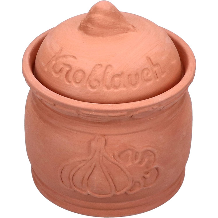 Горщик для часнику MamboCat Terra з теракоти Ø 12,8 см Глиняний горщик з кришкою для вашої кухні Гарної форми контейнер для зберігання з рельєфним малюнком та написами Ідеально підходить для тривалого зберігання