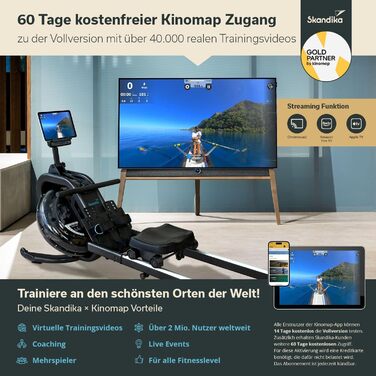 Водний гребний тренажер Skandika Nemo IV Водний гребний тренажер студійної якості для домашнього використання, сертифікований TV Sd, Kinomap, тримач для планшета, стійкий Водостійкий гребний тренажер, чорний