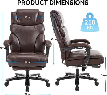 Велике та високе крісло керівника зі штучної шкіри, ергономічне офісне крісло 210 кг з підставкою для ніг, крісло для домашнього офісу з регульованою високою спинкою, обертове крісло з підголівником, комп&39ютерне крісло, коричневе