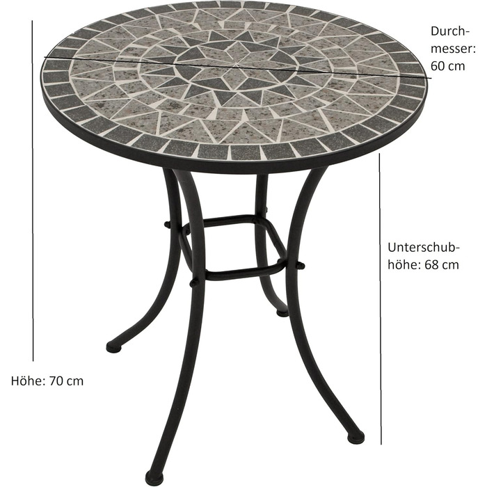 Мозаїчний стіл DEGAMO Бістро Siena 60 см круглий, каркас металевий чорний, стільниця з кераміки під мозаїку, сірий/білий