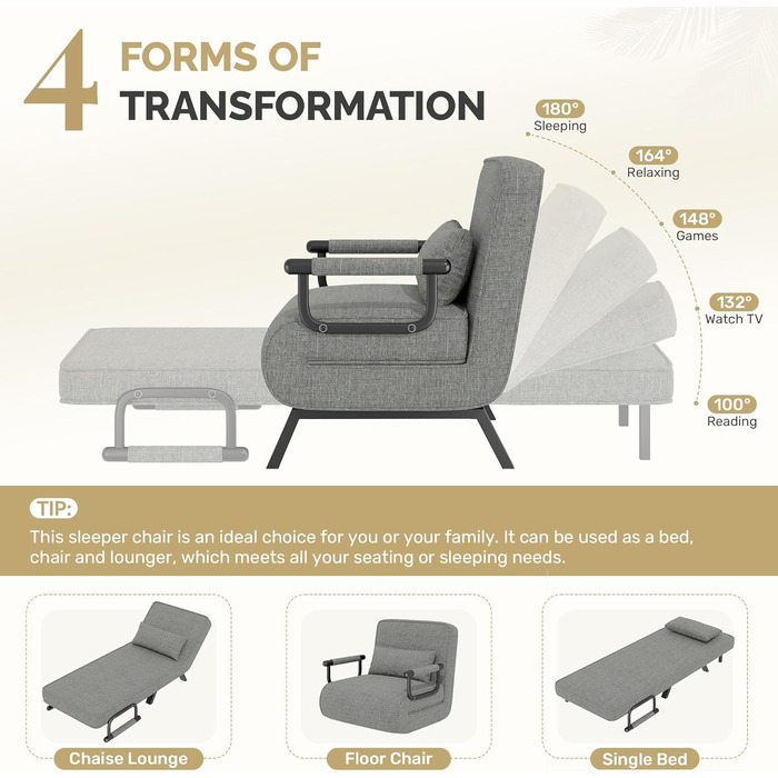 Крісло-ліжко 4-в-1, диван-ліжко, компактне гостьове ліжко, крісло-реклайнер з регульованою спинкою, вантажопідйомність 150 кг, металевий каркас та лляне темно-сіре одне ліжко темно-сірого кольору
