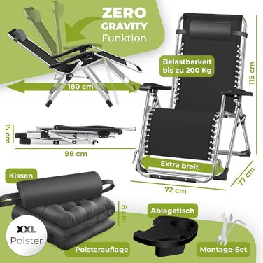 Шезлонг KESSER, складаний та водонепроникний, садовий стілець, вантажопідйомність 200 кг, ергономічна подушка, надзвичайно широкий, регульована спинка, садовий шезлонг з подушкою для шиї та тримачем для напоїв, антрацитовий