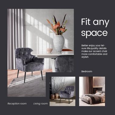 Крісло IWMH для вітальні/спальні, крісло-коктейль Lazy Lounge, зручне з підлокітниками та бічною кишенею, сучасне оксамитове поворотне крісло для читання з металевими ніжками (сіре)