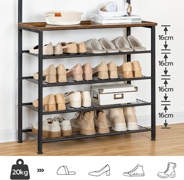 Вішалка для одягу HOOBRO, Вішалка для взуття з шафою, Вішалка для одягу з місцем для зберігання взуття, Шафа для взуття з 5 полицями, для передпокою, Темно-коричневий EBF80MT01G2 80 x 32 x 190 см (Д x Ш x В) Вінтажний коричневий чорний