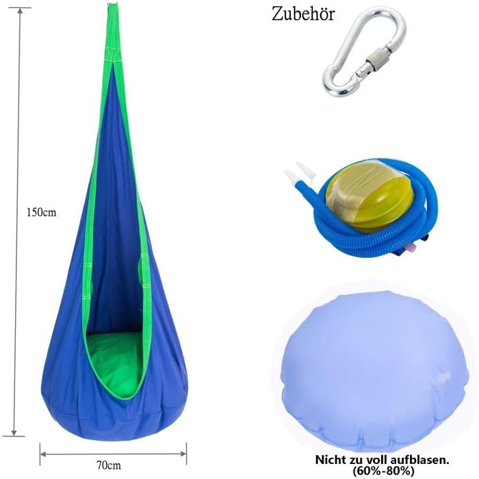 Підвісне крісло, гамак з повітряною подушкою, підвісна печера, крита підвісна гойдалка з ПВХ подушкою, витримує до 80 кг Blue2
