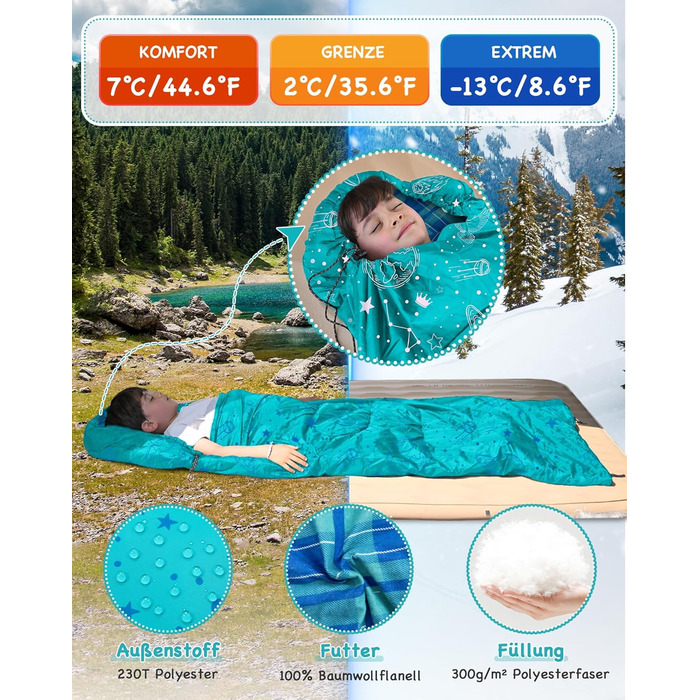 Дитячий фланелевий спальний мішок KingCamp, легкий, водонепроникний та компактний, зимовий спальний мішок, 4-сезонний спальний мішок-ковдра, аксесуар для кемпінгу, підходить для дітей зростом до 140 см, комфорт 7C, блакитне регулювання довжини