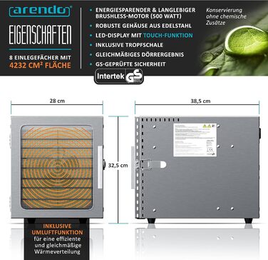 Дегідратор з нержавіючої сталі 8 разів - 500 Вт з регулятором температури - Дегідратор їжі М'ясо, фрукти, овочі - Таймер до 24 годин - 8 вставок - GS - Дегідратор - Без бісфенолу А Одинарний