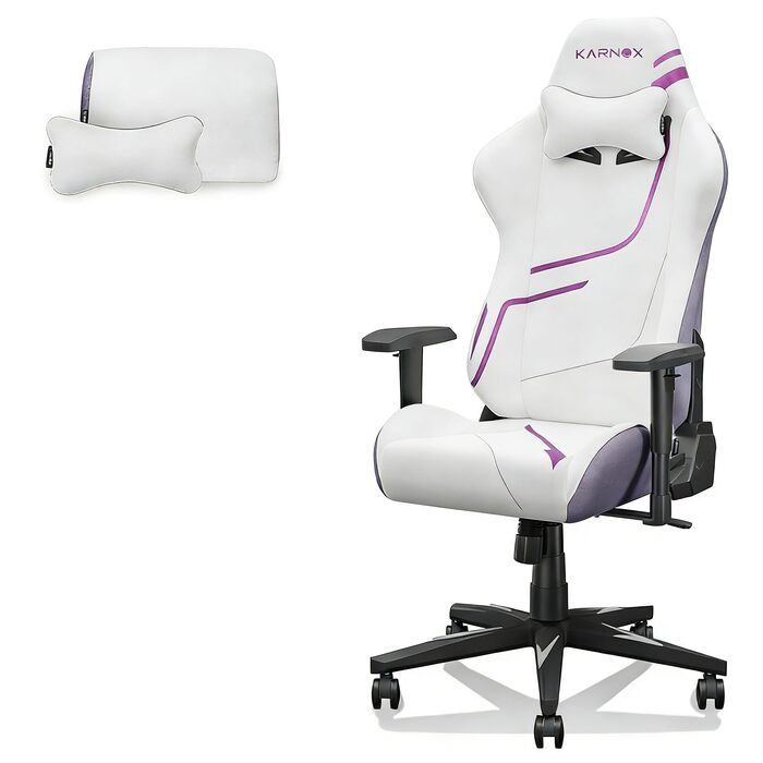 Геймерське крісло з підтримкою голови та попереку, ергономічне офісне крісло з 4D-підлокітниками та функцією нахилу 90-155 регульована висота, тканинний чохол, металевий каркас білий/фіолетовий