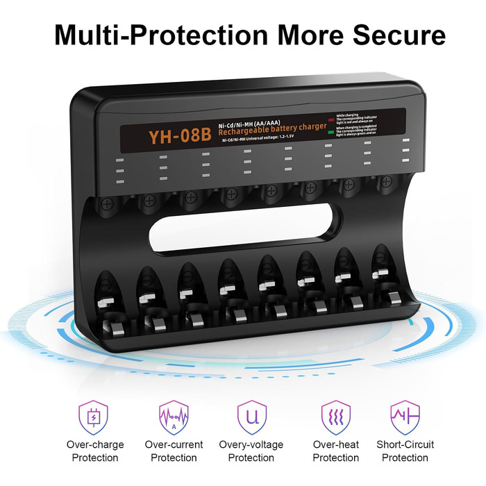 Акумулятори AA, 8 акумуляторів AA з 8 зарядними пристроями для швидкого заряджання, для Ni-MH батарей AA/AAA, 8 слотів для зарядки 8 AA
