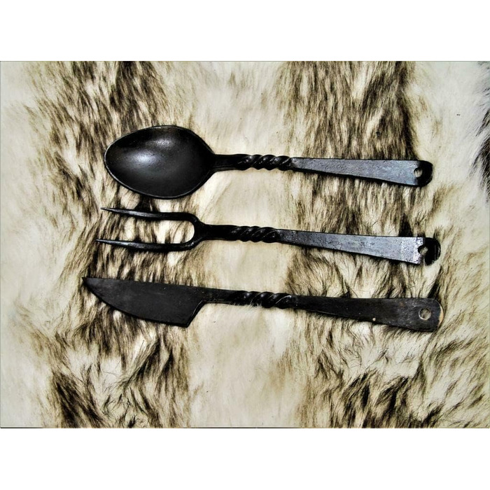 Середньовічний набір столових приборів, кована сталь ручної роботи, ніж, виделка, ложка 4261