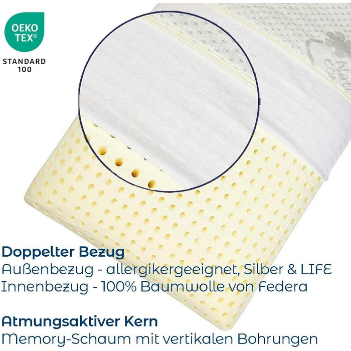 Ортопедична подушка для шиї Silver Neck - в&39язкопружна подушка, подушка з піни з ефектом пам&39яті з чохлом Silver & Life - 70x34 см - висота 13 см 70 x 34 см, висота 13 см