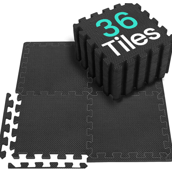 Захисний килимок для підлоги для фітнесу 331 см, килимок-головоломка 24/36/48, спортивний килимок з EVA, нековзний, килимок для підлоги для тренажерного залу та фітнес-обладнання 3,31 кв.м./36 килимків - чорний