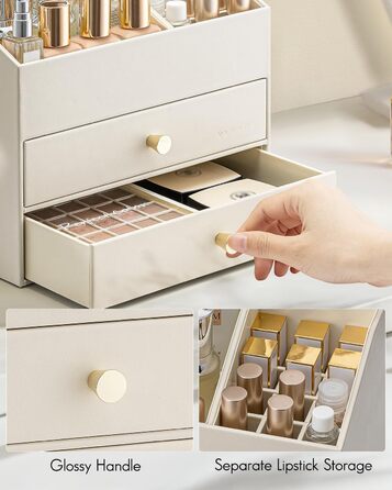 Органайзер для макіяжу VLANDO з 3 шухлядами, органайзер для туалетного столика, органайзер для косметики, органайзер для макіяжу для ванної кімнати, догляд за шкірою комода, бежевий