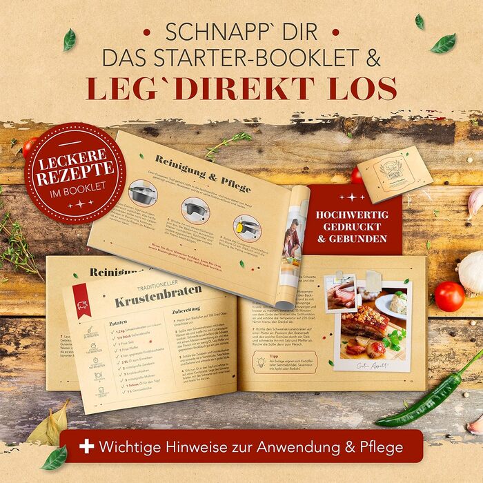 Чавунний горщик KRUSTENZAUBER включаючи виделку для м'яса - Міцна чавунна каструля 26 см з кришкою, підходить для духовки - ідеаль