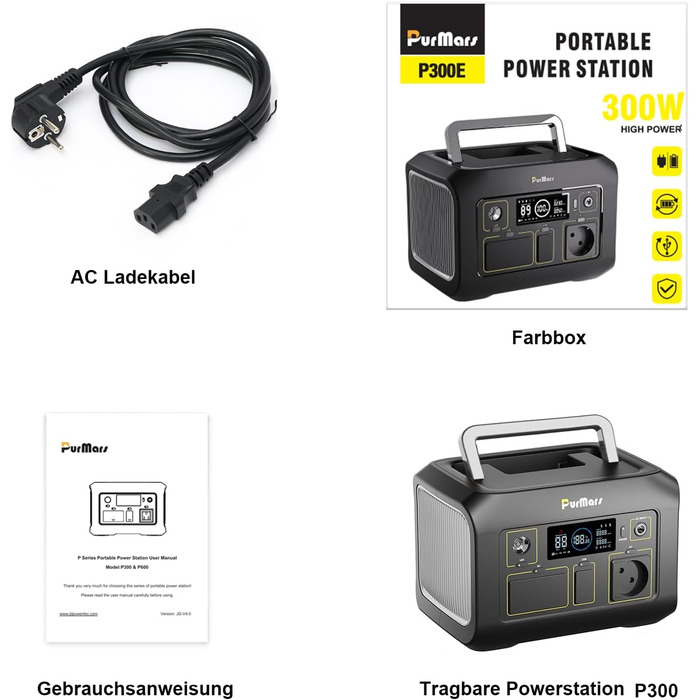 Портативна сонячна електростанція потужністю 300 Вт (макс. 500 Вт) з вихідною напругою 230 В чистої синусоїди змінного струму та акумулятором LiFePO4, підходить для кемпінгу на свіжому повітрі, подорожей та надзвичайних ситуацій. P300E