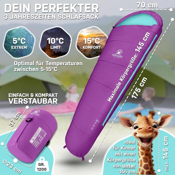 Дитячий спальний мішок для хлопчиків та дівчаток зростом до 145 см Підкладка 100 бавовна Легкий та теплий спальний мішок для мам Дитячий спальний мішок для активного відпочинку 1200 г Дитячі спальні мішки для кемпінгу, фіолетовий/бірюзовий