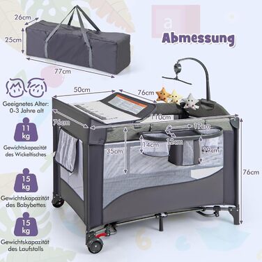 Дитяче ліжечко FANTASK 5-в-1, регульоване по висоті дитяче ліжечко з матрацом та колесами, дорожнє ліжечко з пеленальний столик, підвісні іграшки, музичний мобіль та ремені безпеки, колиска/колиска для малюків (синя)